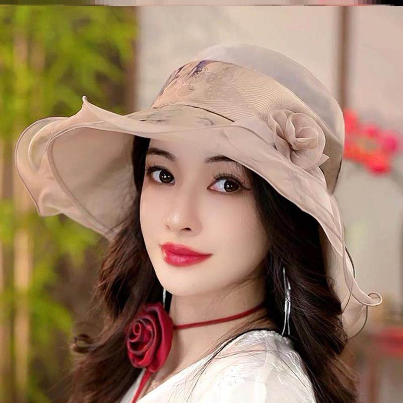 布塔春夏季防晒遮阳帽女渔夫帽气质优雅花帽子妈妈帽子桑蚕丝透气