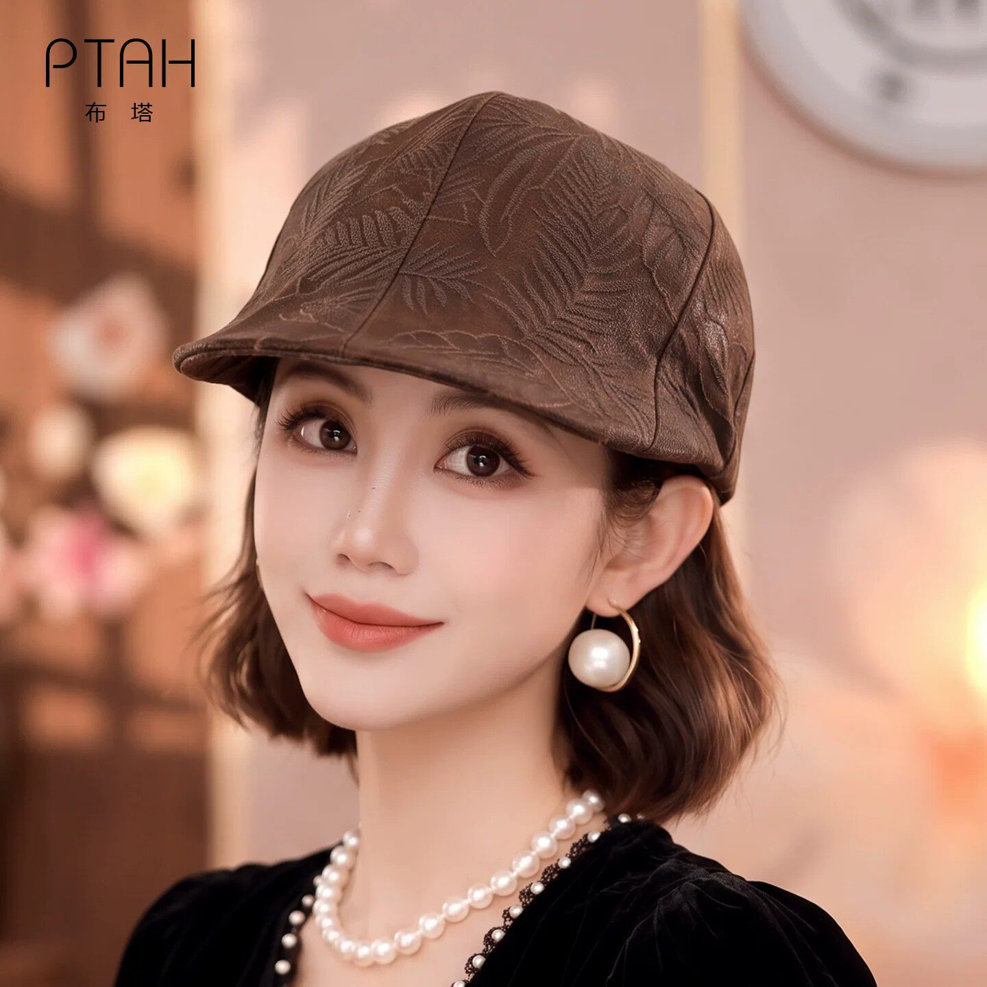 布塔桑蚕丝锦油绸前进帽女复古真丝花纹秋日百搭鸭舌帽时尚帽子