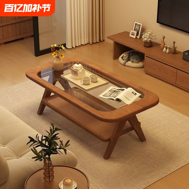 实木茶几客厅家用2025新款高级感桌子玻璃日式茶桌简易原木餐桌