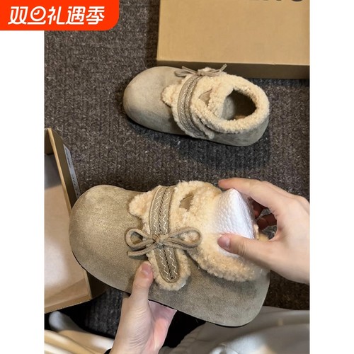 复古勃肯鞋女加绒2025冬季新款厚底棉鞋蝴蝶结毛绒保暖大头雪地靴