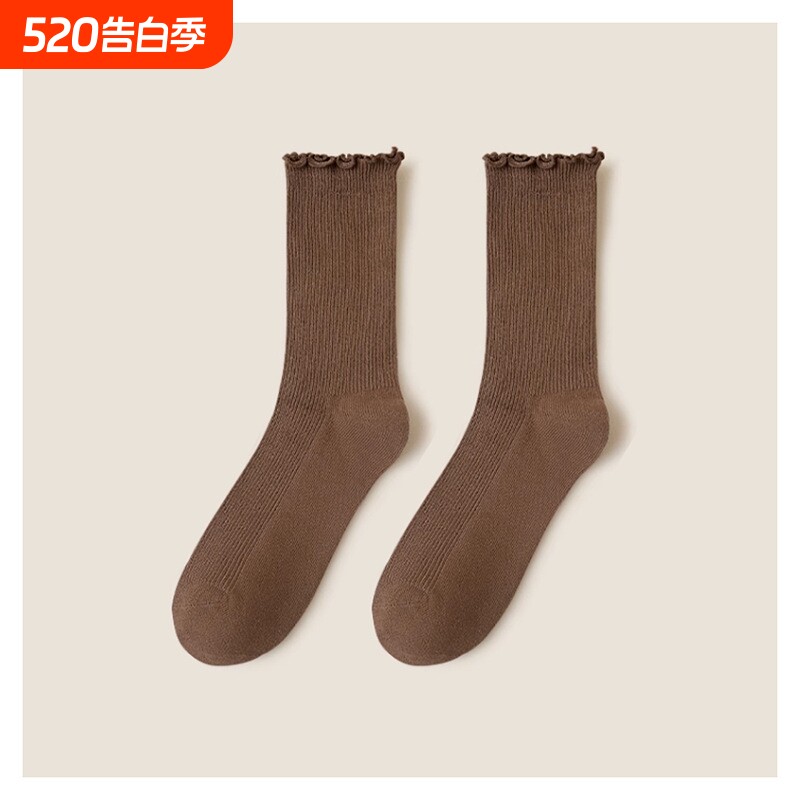 堆堆中筒袜木耳边花边袜日系百搭舒适柔软不紧绷纯色袜【6双装】