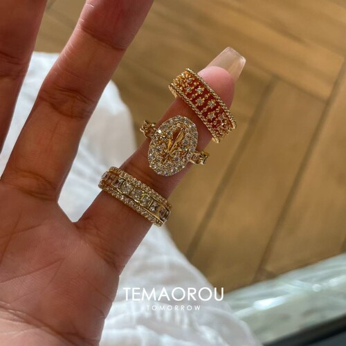 vintage叠戴华丽重工金色排钻戒指爆闪老钱风食指戒高级感贵气