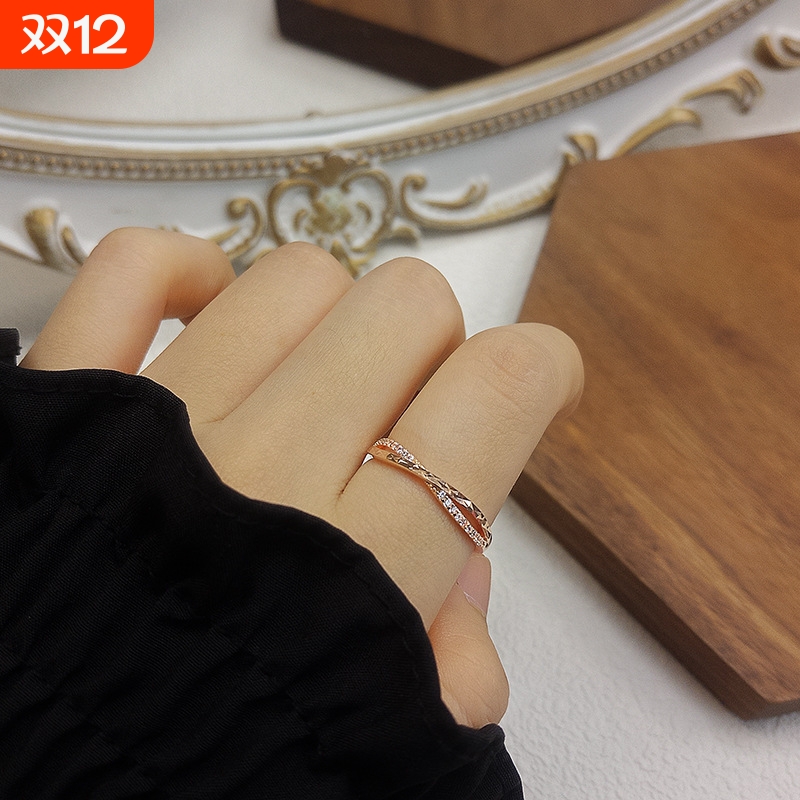 s925纯银简约闪麟交叉锆石食指戒指女ins网红时尚个性可调节指环