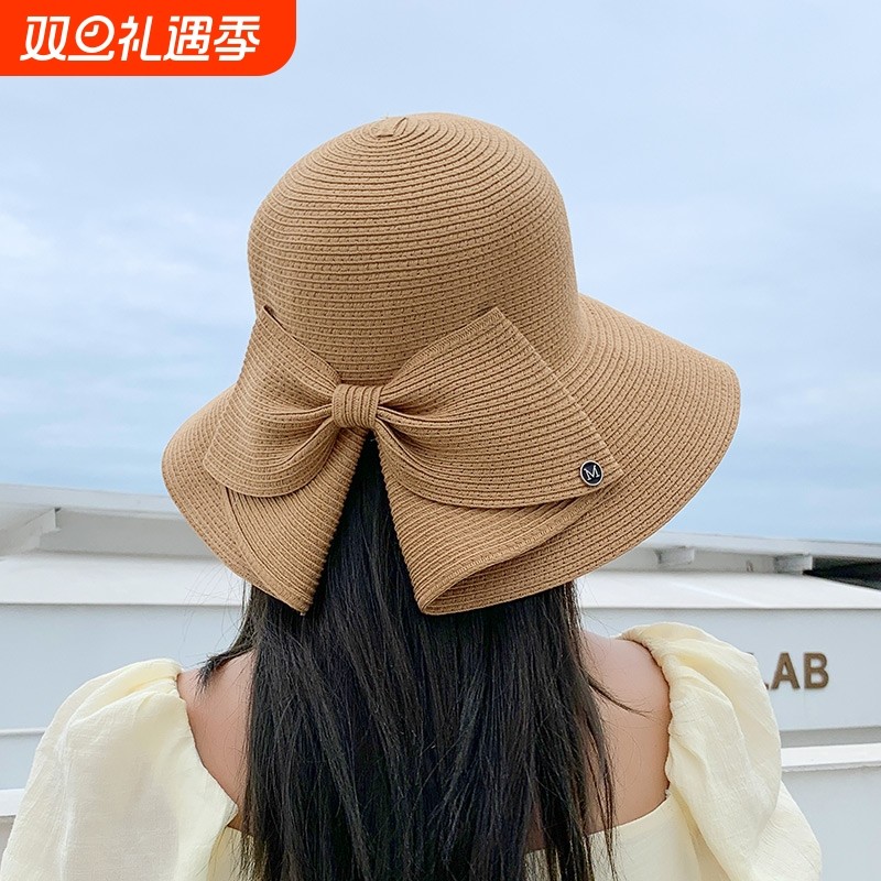2025新款法式海边旅游拉菲草帽渔夫帽女遮阳防晒太阳帽蝴蝶结大檐