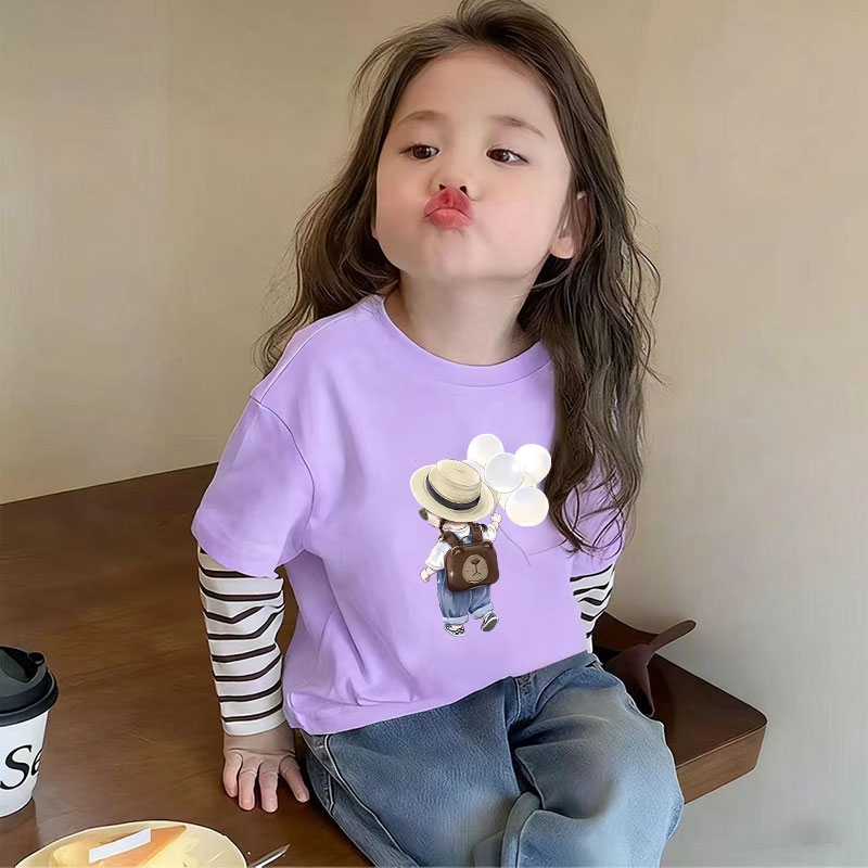 女童纯棉长袖T恤假两件上衣春秋装韩版卡通印花中大童秋衣打底衫
