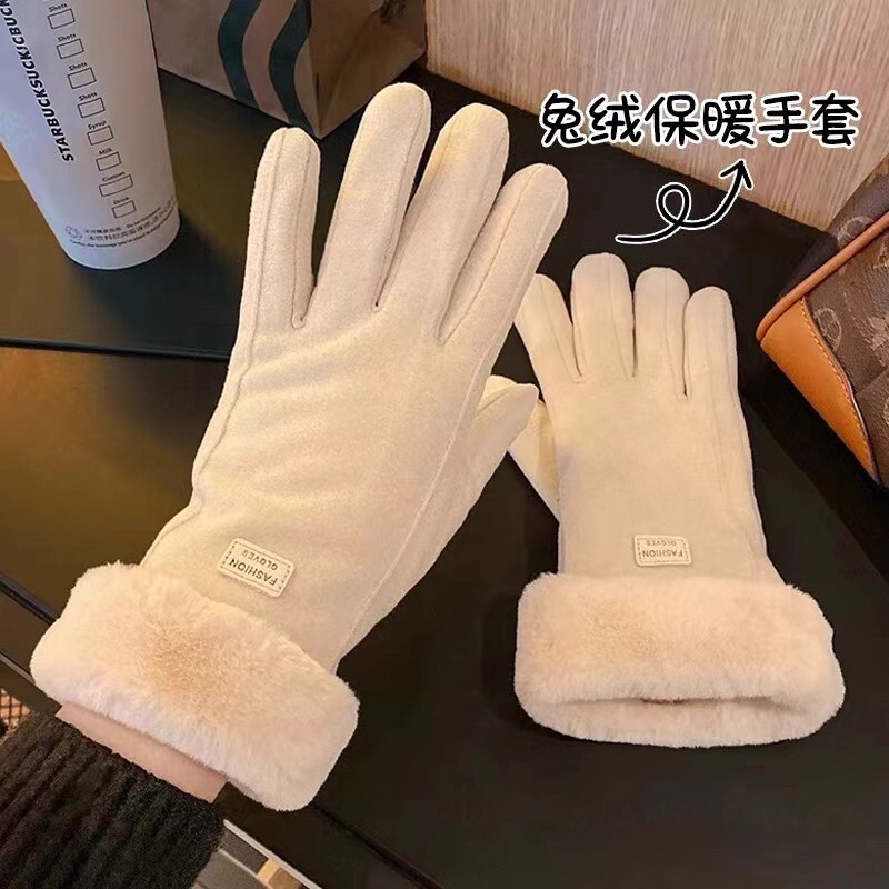 手套冬天女加绒加厚保暖可爱麂皮绒女士骑行骑车触屏冬季防风滑雪