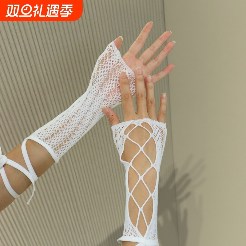 Y2K千禧辣妹防晒蕾丝带芭蕾风甜美渔网面系绳女手套半指袖套