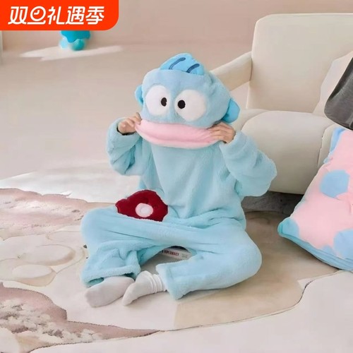 加绒家居服加厚卡通珊瑚绒亲子冬季连体丑鱼卡通儿童睡衣大号男女