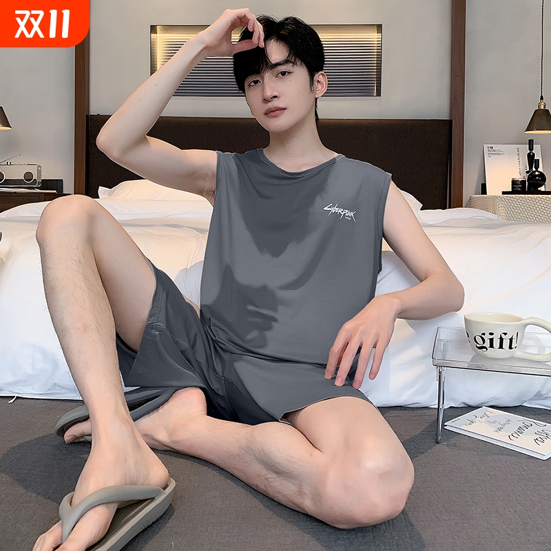 夏款睡衣男款冰丝莫代尔套装背心