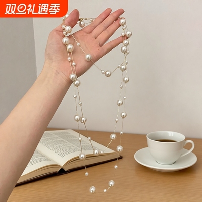 法式高级感奶白色仿珍珠项链秋冬新款多圈轻奢叠戴长款设计毛衣链