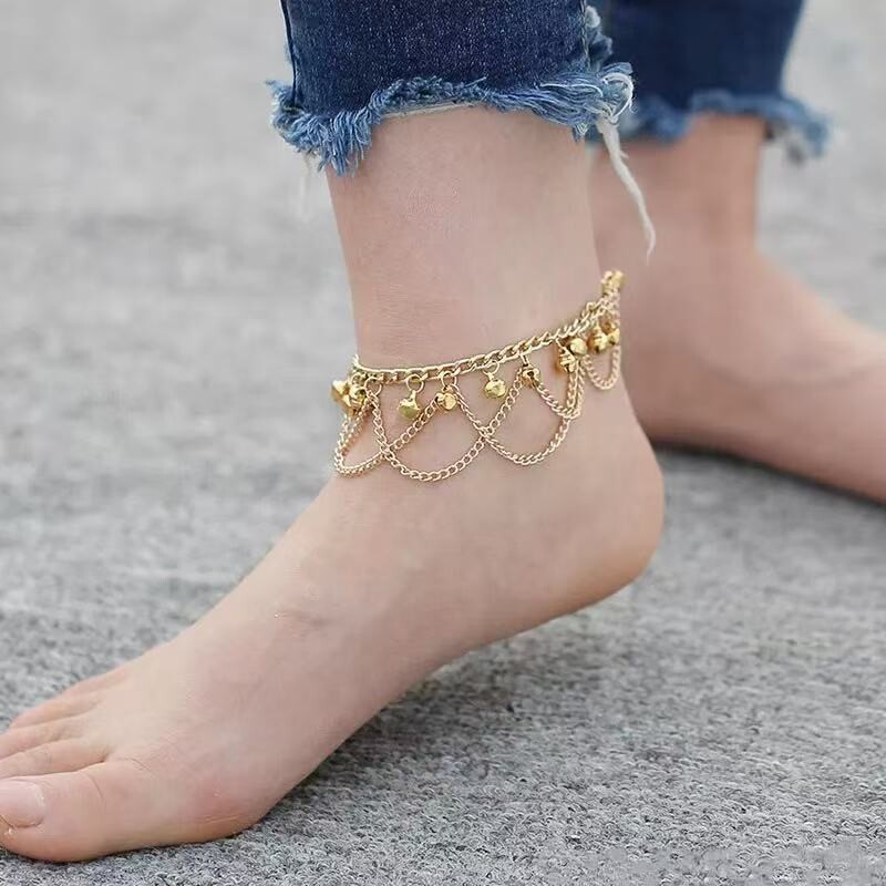 欧美爆款波西米亚风流苏铃铛脚链个性女时尚彩色沙滩海边脚饰品女