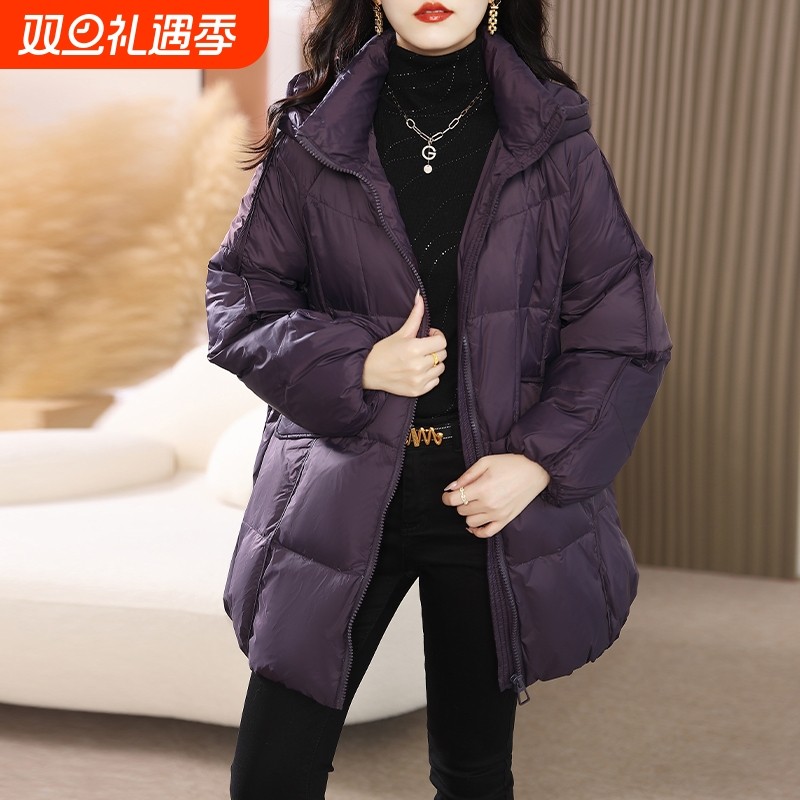 户外紫色羽绒服外套女冬2025年新款高端显瘦中长款连帽面黑色红色