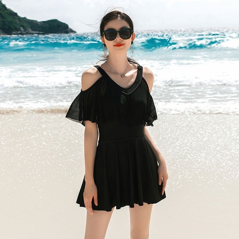 泳衣女2024新款爆款连体荷叶边遮肉显瘦温泉黑色游泳衣遮肚腩