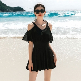 泳衣女2024新款 连体荷叶边遮肉显瘦温泉黑色游泳衣遮肚腩 爆款