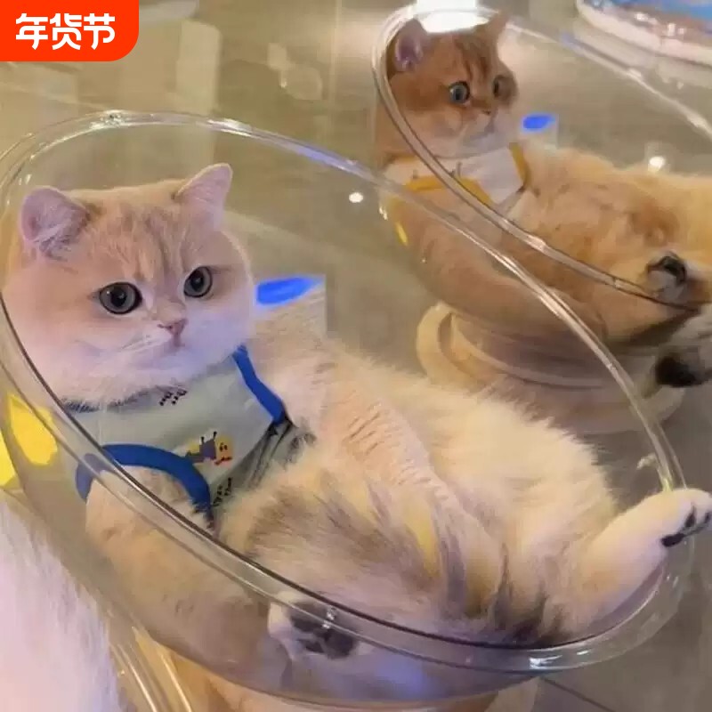 太空舱猫窝四季通用高透冰窝半封闭亚克力实木转盘猫玩具猫床一体