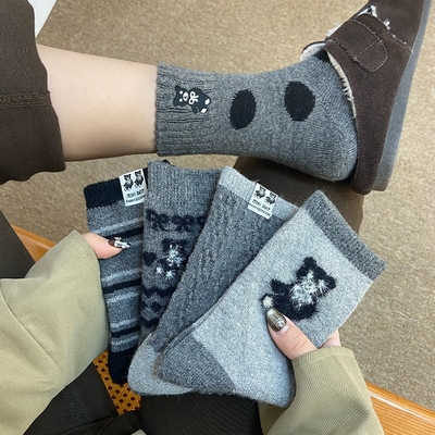 复古费尔岛花纹！灰色羊毛女袜