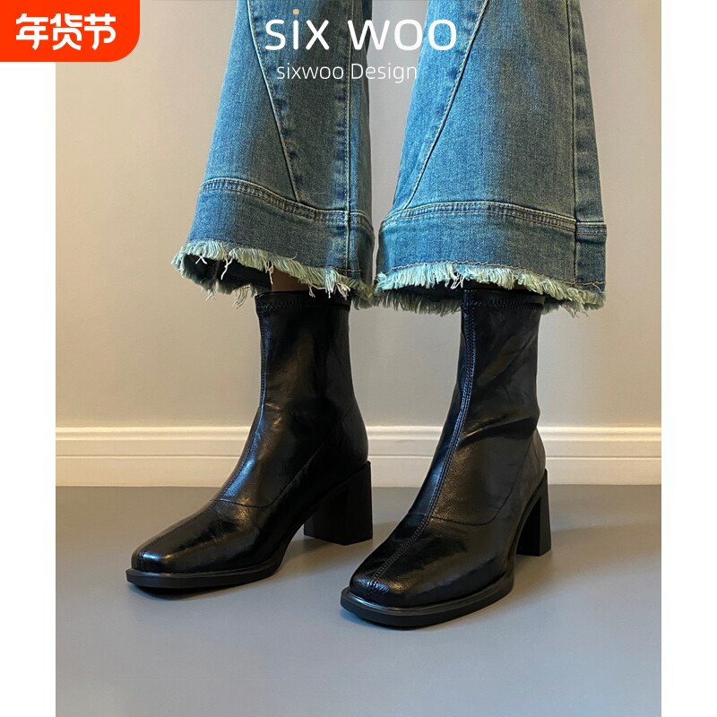 SIXWOO 静音底短靴通勤高跟弹力瘦瘦靴秋冬软底体制内复古粗跟