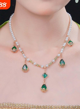 古风汉服宫廷演出绿色水滴吊坠软璎珞项链影楼拍摄写真项链配饰女