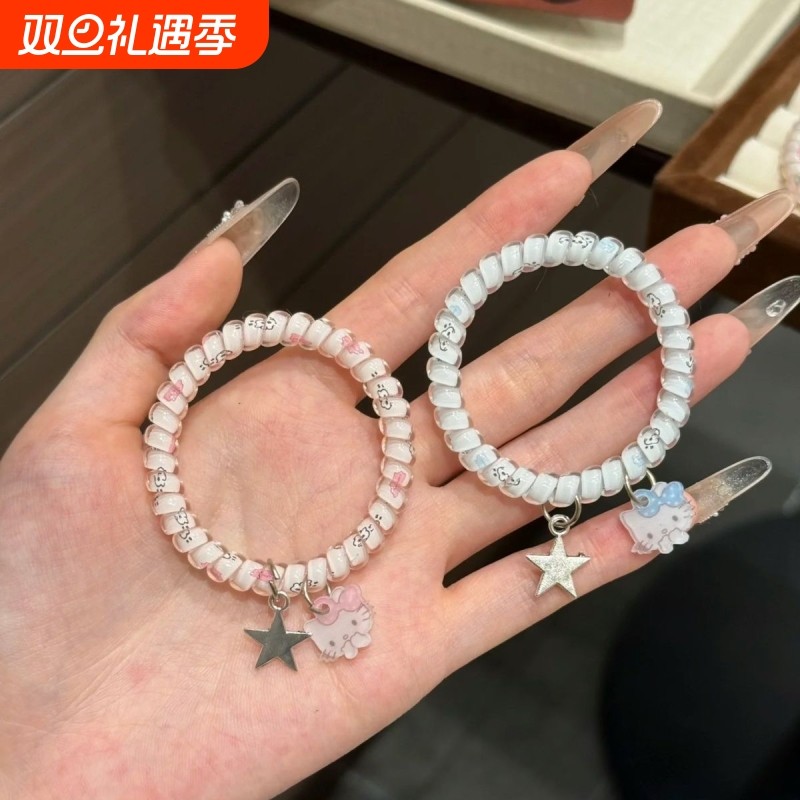 蓝粉色吊坠猫咪星星印花电话线圈高弹力无痕发绳甜美可爱发圈发饰