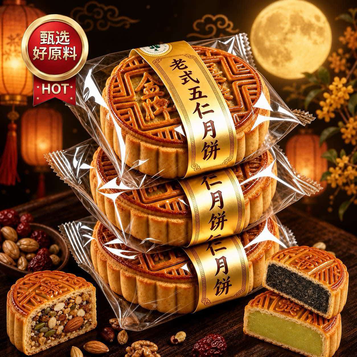 老式五仁月饼传统广式糕点中秋月饼好吃木糖醇散装低糖无糖东北