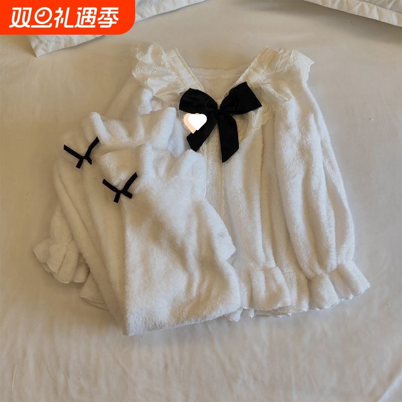 珊瑚绒睡衣女秋冬公主风领蕾丝花边毛绒绒保暖家居服套装法兰绒