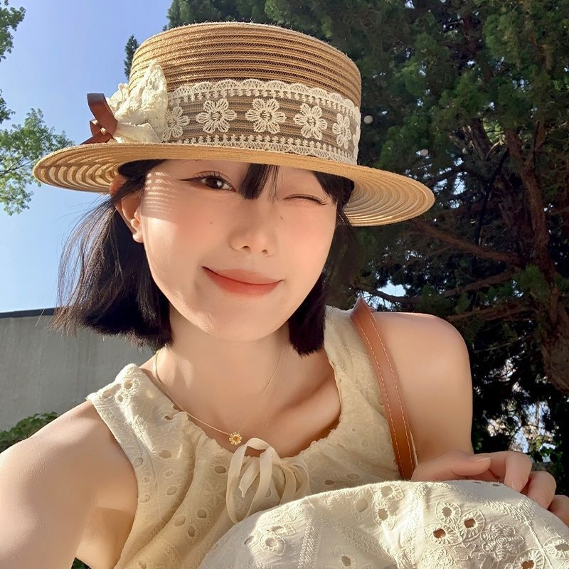 法式蕾丝蝴蝶结平檐草帽女夏季平顶海边沙滩度假防晒遮阳太阳帽子