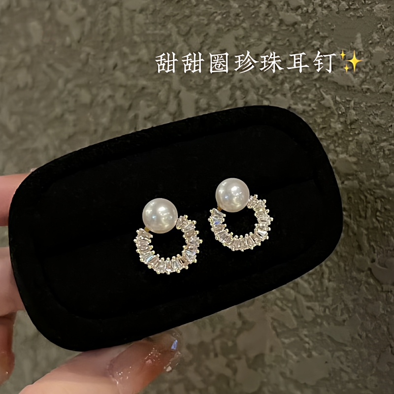 珍珠耳钉女14K注金甜甜圈耳环