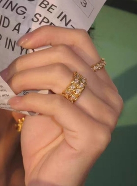 蛇纹合成立方锆戒指女金色轻奢高级感爆闪小众设计夸张食指戒指环