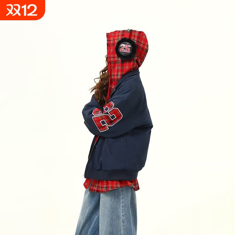 美式复古连帽潮牌夹克运动外套男女款秋冬季情侣撞色假两件外套