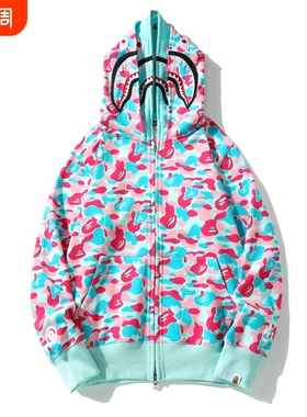 重磅潮牌APE连帽卫衣双帽SHARK APE猿人紫色迷彩开衫拉链外套亲子