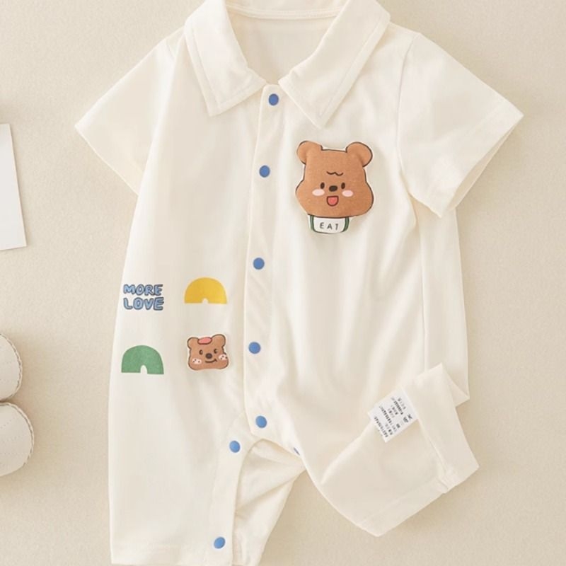 婴儿夏季a类薄款衣服男宝宝短袖纯棉连体衣小熊哈衣外穿爬服儿童