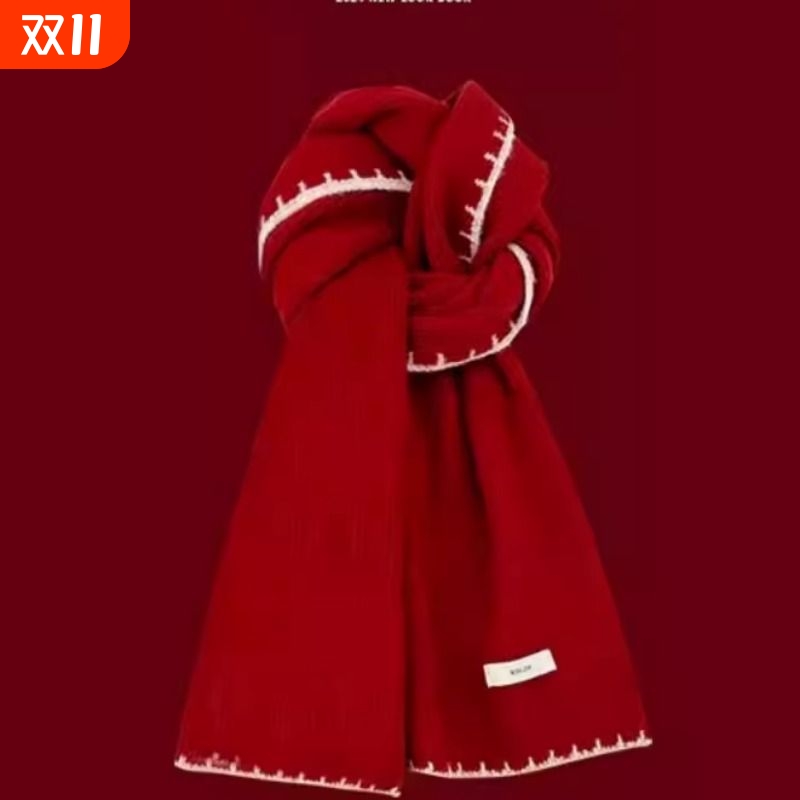 2025新款nin圣诞红色针织围巾女秋冬季保暖高级百搭含羊毛围脖