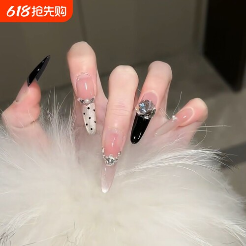 【黑金赫本】细狗长尖穿戴甲香槟金美甲黑色爆闪猫眼可拆卸手工甲