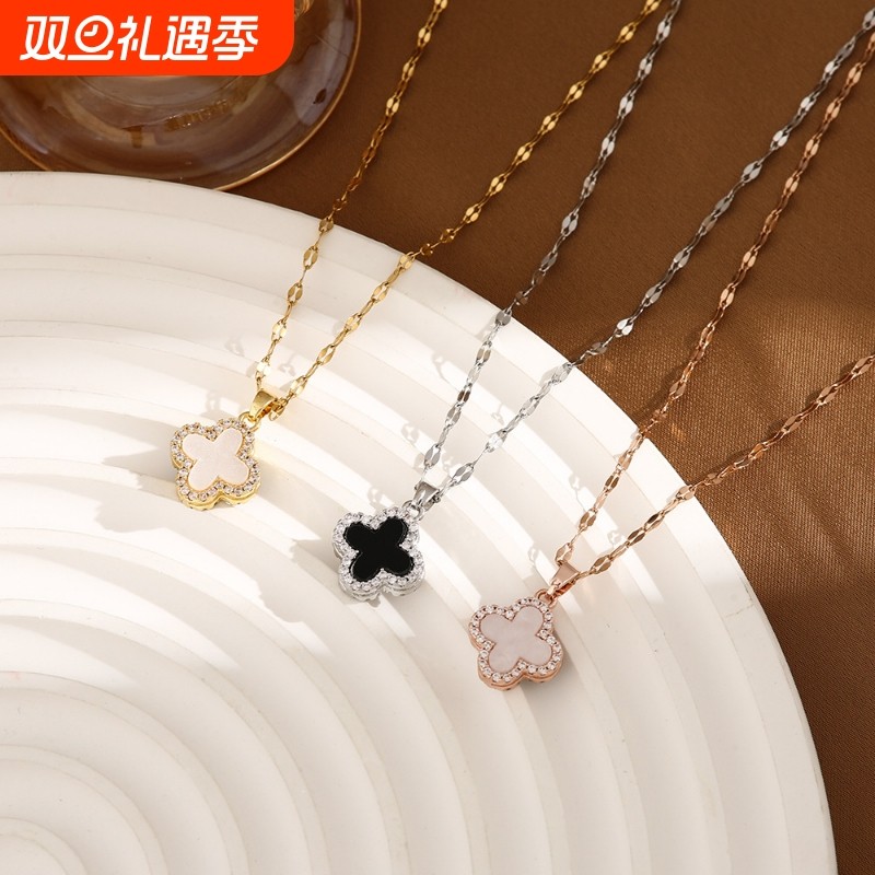 老银匠黑白镶钻双面四叶草项链女幸运草吊坠轻奢锁骨链高级感百搭