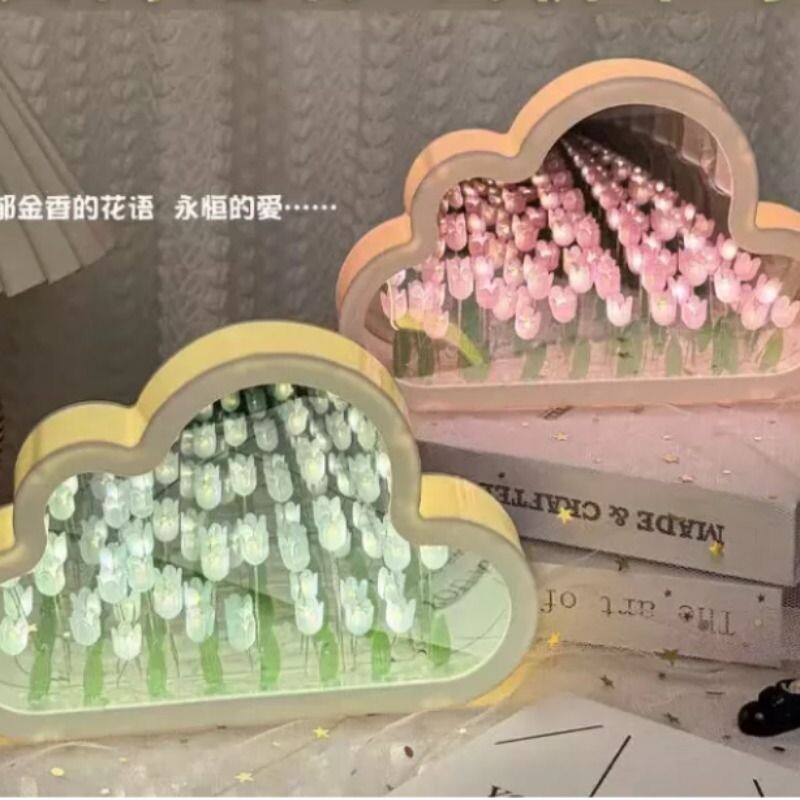 云朵郁金香小夜灯DIY手工镜子花海氛围灯桌面摆件创意礼品夜灯diy图片