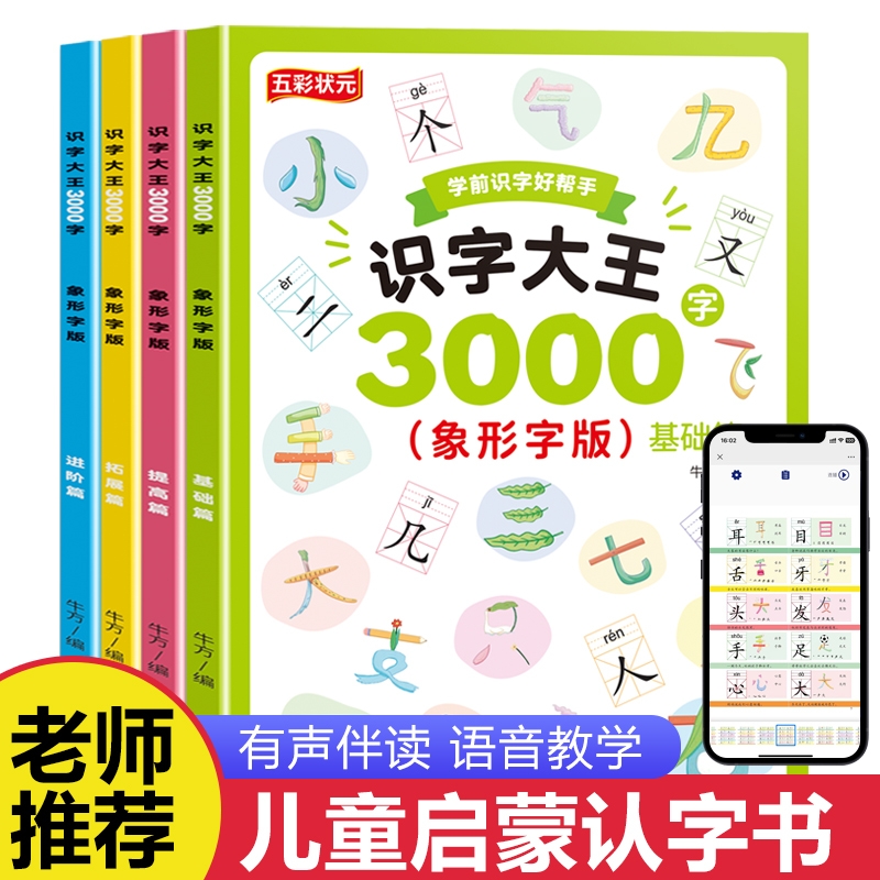 识字大王3000字全套4册 儿童启蒙早教卡片3-4-5-6-7岁幼儿园中班大班学前班宝宝幼小衔接学前看图识字书由易到难由简入繁象形教材