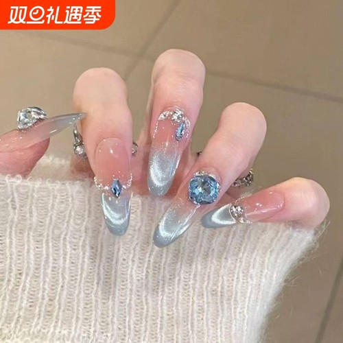 【蓝调冰晶】蓝色爆闪猫眼美甲手工穿戴甲片镶钻宝石显白网红指甲