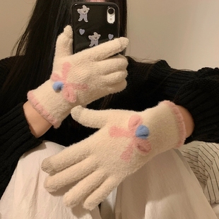 可触屏针织手套女秋冬季 防水防寒 毛线保暖可爱学生冬天骑车新款
