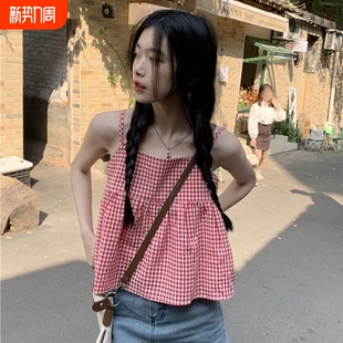韩系小个子红格子吊带背心女春秋2026设计感小众美背宽松上衣外穿