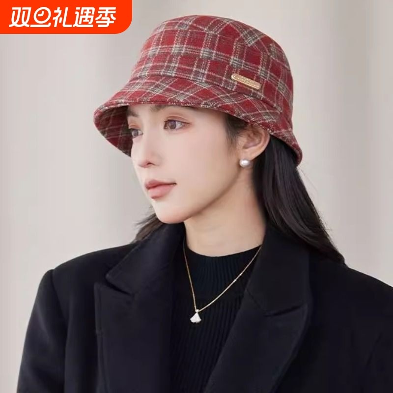 秋冬季新款毛呢渔夫帽子女时尚百搭加厚保暖网红盆帽潮格子红色