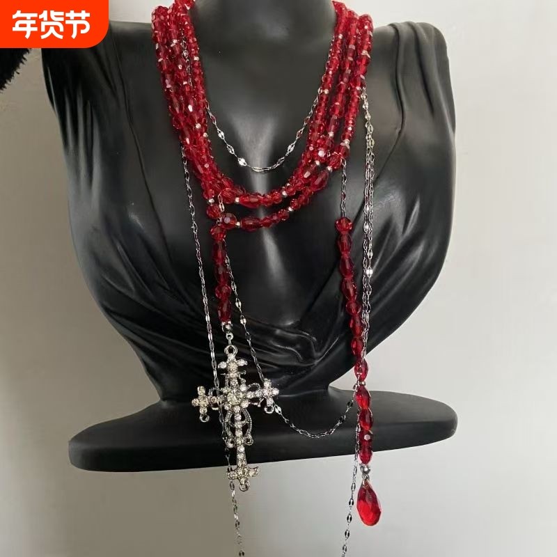 AOGTT潮酷辣妹多层叠戴红色水滴流苏吊坠项链女锁骨链十字架