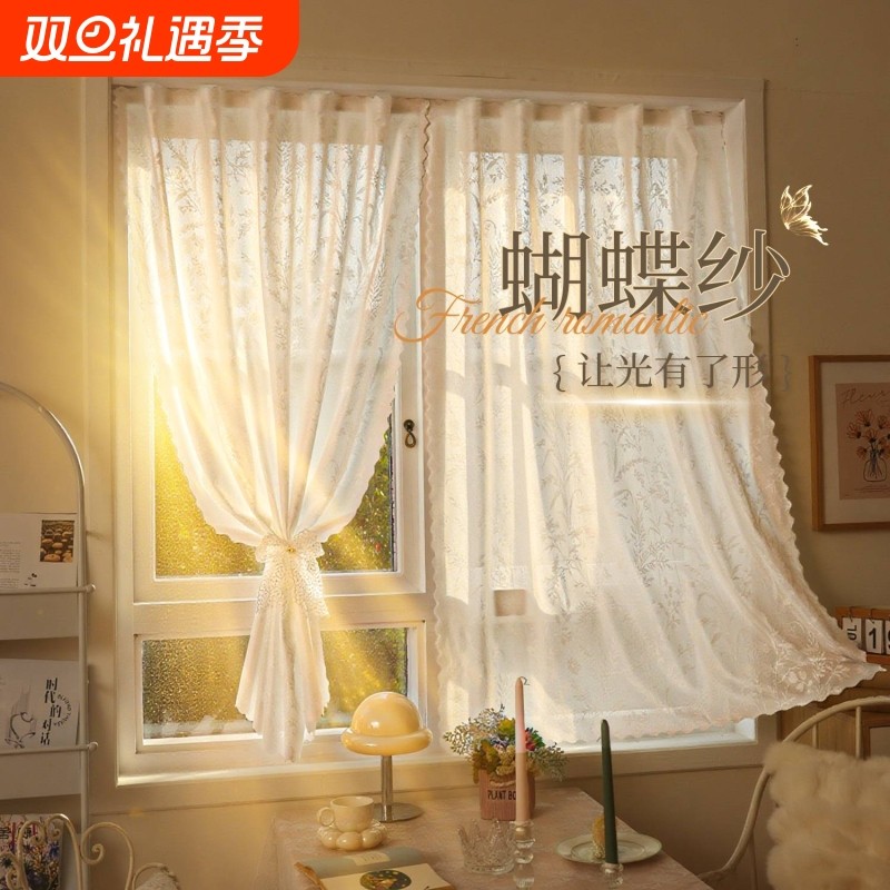 2025新款纱帘免打孔安装窗帘法式帘飘窗阳台魔术贴防晒隔紫外线