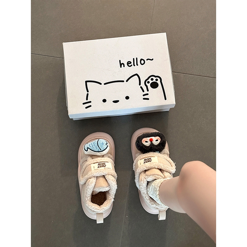 可爱卡通企鹅一字魔术贴加厚保暖厚底雪地靴女2025冬季新款大棉鞋