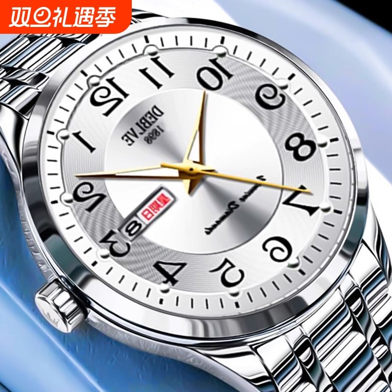 正品瑞士2024新款手表男士全自动机械风防水精钢带双日历男表夜光