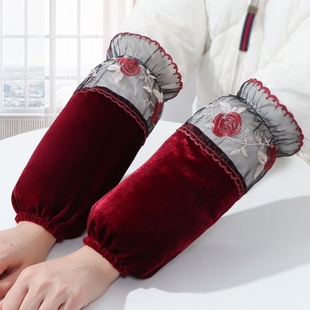 袖 羽绒服护袖 套女蕾丝上班耐脏套袖 金丝绒手袖 头黑色红色 女款 长款