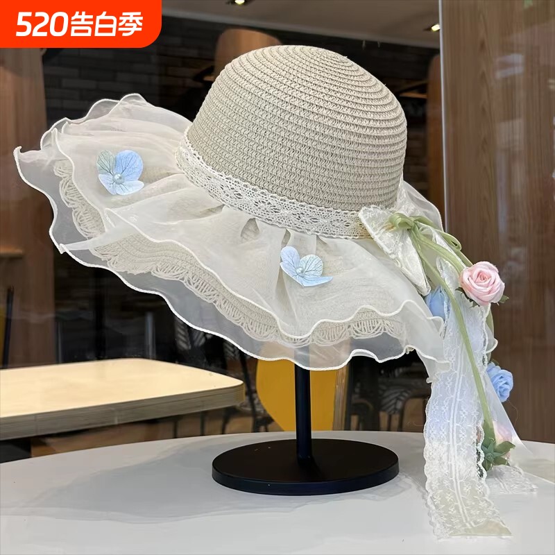 透气新款蕾丝花边草编帽女春夏户外海边沙滩遮阳帽防晒度假大帽檐