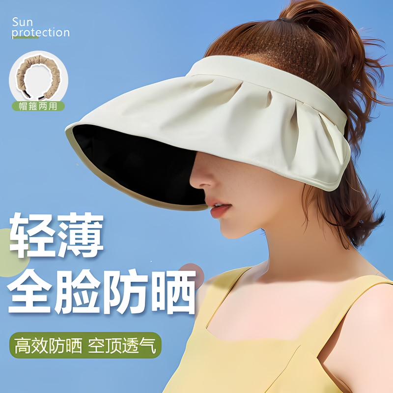 发箍式贝壳遮阳帽女2025新款防晒防紫外线大帽檐黑胶空顶太阳帽子