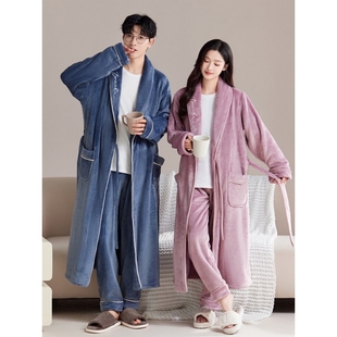 红豆秋冬季 情侣睡衣家居服 法兰绒浴袍男加绒加厚珊瑚绒睡袍女长款