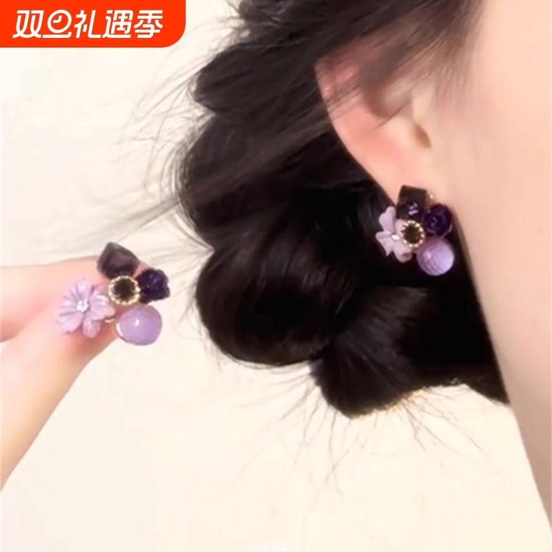 紫色水晶花瓣耳环女秋季爆款小众设计高级感轻奢耳钉耳饰