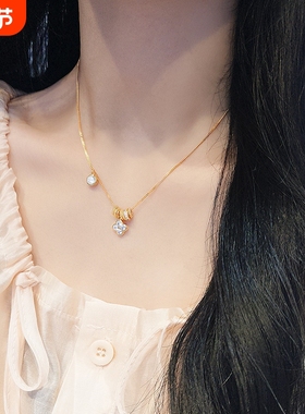 s925纯银中古金色路路通跑环四叶草项链新款锁骨链网红气质